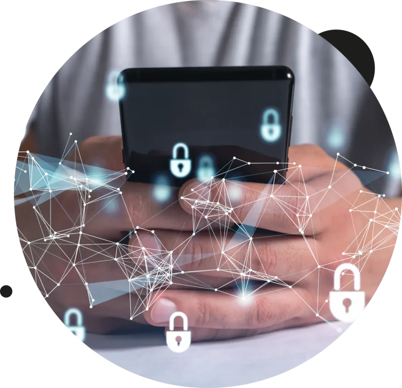 Hands holding a smartphone, surrounded by a safe digital net of connections with keylocks icons